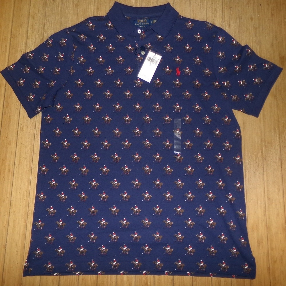 Polo Ralph Lauren Mens Navy Blue Holiday Polo Player All Over Embroidery Shirt L